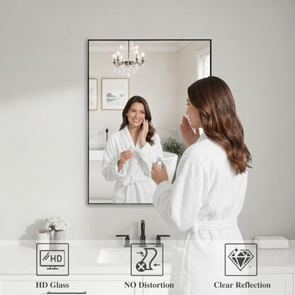 Koonmi Black Rectangle Wall Mirror, 20x30 Inch Bathroom Mirror, Aluminum Frame Vanity Mirror for Entryway, Living Room, Bedroom, Hangs Horizontally or Vertically