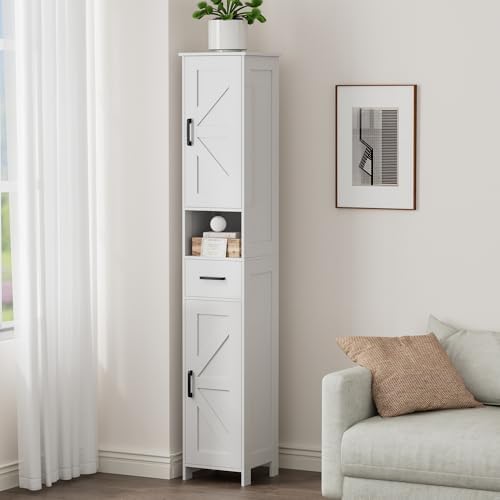 Homhedy 67" H Tall Bathroom Storage Cabinet with Barn Doors and Drawer