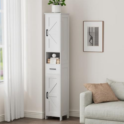Homhedy 67" H Tall Bathroom Storage Cabinet with Barn Doors and Drawer