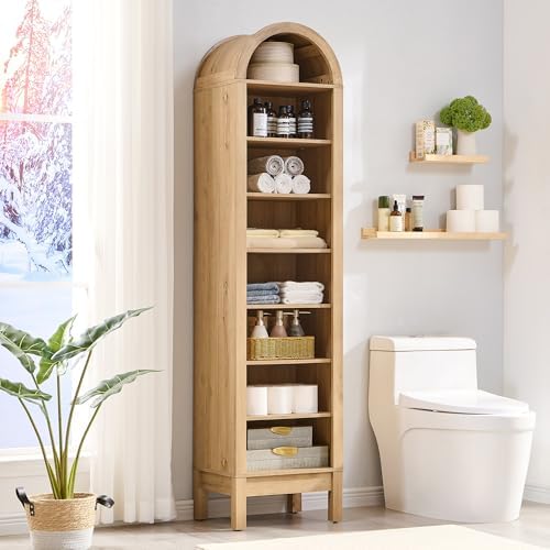 IFBUY 71" Tall Arched Bathroom Storage Cabinet, 8-Tier Modern Farmhouse Storage Cabinet with Adjustable Shelves, Wood Freestanding Cabinet for Bathroom, Living Room, Entryway, Hallway (Natural)