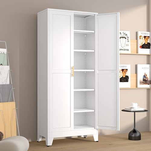 Metal Pantry Cabinet with 2 Doors and 5 Adjustable Shelves, 75"Kitchen Storage cabinets with Gold Handles, Versatile Storage for Laundry Room, Living Room, Bathroom, Dinning Room, Utility Room-White