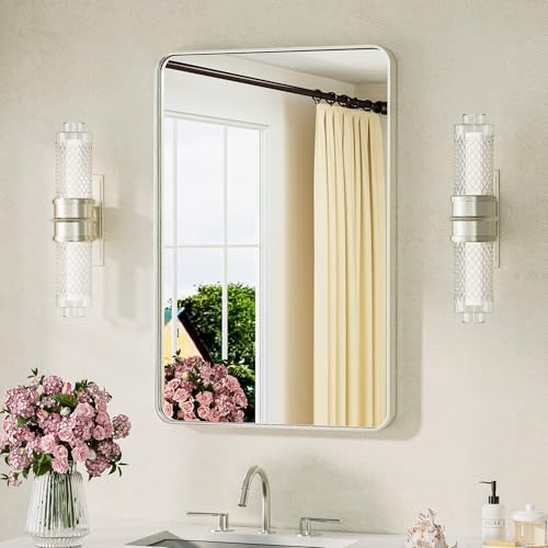 TETOTE Brushed Nickel Bathroom Mirror 20 x 30 Brushed Nickel Metal Framed Bathroom Mirror, Tempered Glass, Modern Farmhouse Wall Mounted Mirror for Decorative(Horizontal/Vertical)