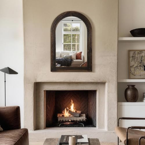 Arched Bathroom Mirror, 38"x26" Brown Wood Frame Wall Mirror