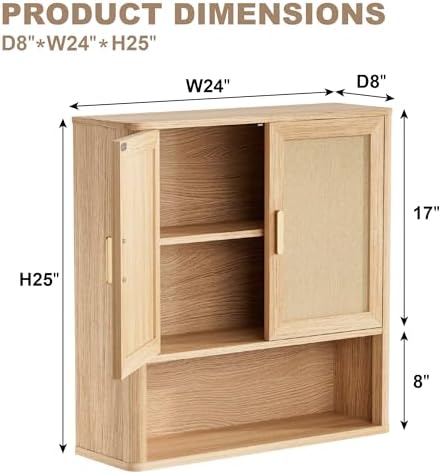 INNOD Rattan Bathroom Wall Cabinet with Open Compartments, Wall-Mounted Medicine Cabinet with Adjustable Wood Shelf & Doors, Over the Toilet Storage Cabinet for Laundry Room & Kitchen & Living Room