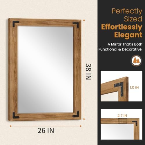 Wood Framed Bathroom Vanity Mirror for Wall, 26"x38" Farmhouse Mirror