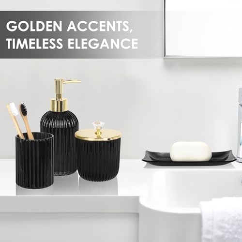 Designer Black Glass Bathroom Accessories Sets - 4 Pcs with Lotion Soap Dispenser, Bathroom Toothbrush Holder, Vanity Tray, and Apothecary Jar, Vintage Bathroom Decor, Gift Countertop Organizer