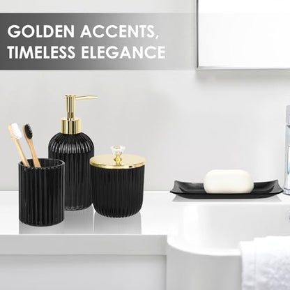 Designer Black Glass Bathroom Accessories Sets - 4 Pcs with Lotion Soap Dispenser, Bathroom Toothbrush Holder, Vanity Tray, and Apothecary Jar, Vintage Bathroom Decor, Gift Countertop Organizer