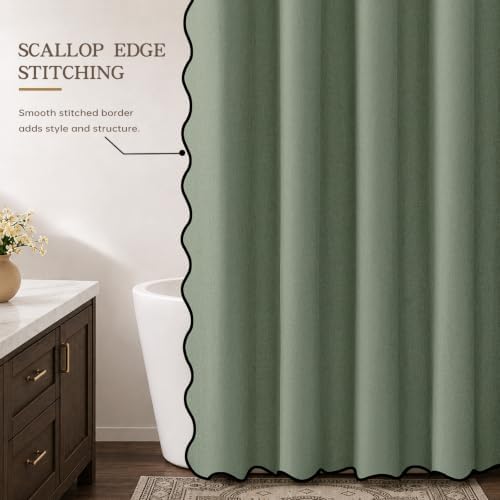Furlinic Linen No Hook Shower Curtain Scalloped Washable 72x78 Olive Green