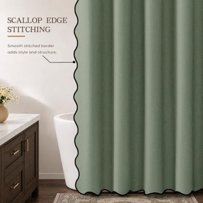 Furlinic Green Shower Curtain Scalloped Fabric Waterproof No Hook W48 x H75