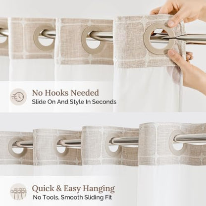 RiverDream Farmhouse No Hooks Shower Curtain with Snap-in Liner,Linen,71x98