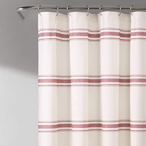 Lush Decor Farmhouse Stripe Cotton Shower Curtain, 72" W x 72" L, Red - Striped Bathroom Curtain - Fabric Shower Curtains - Farmhouse Bathroom Decor