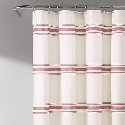 Lush Decor Farmhouse Stripe Cotton Shower Curtain, 72" W x 72" L, Red - Striped Bathroom Curtain - Fabric Shower Curtains - Farmhouse Bathroom Decor
