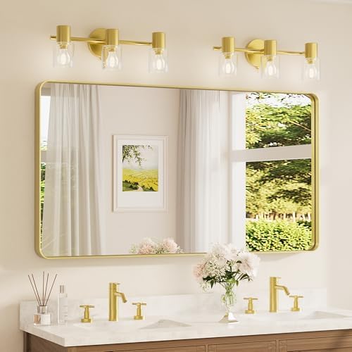 TETOTE 55 x 30 Inch Bathroom Mirror, Brushed Gold Metal Framed Wall Mounted Mirrors, Brushed Brass Rectangle Modern Decorative Vanity Mirror (Horizontal/Vertical)