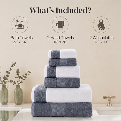 Modern Threads 6 Piece Bath Towel Set – Bathroom Towel Set with 2 Bath Towels, 2 Hand Towels & 2 Washcloths – 100% Cotton, Soft & Absorbent – Jacquard Border (Blue)