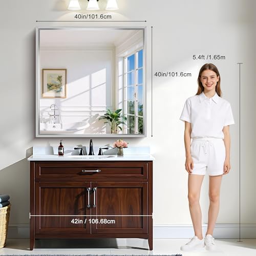 CIRCUMI 40"x40" Brushed Silver Bathroom Mirror, Square Mirror for Vanity