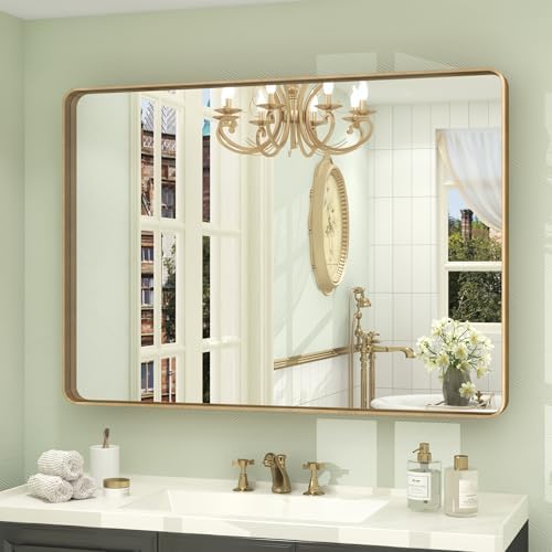 44x30 Inch Gold Metal Framed Mirror for Bathroom