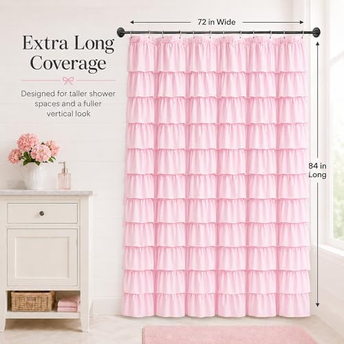 Pink Ruffle Shower Curtain for Master Bathroom, 72 x 84, Ruffled Layered