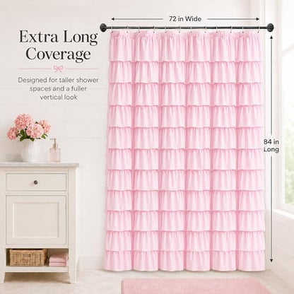 Pink Ruffle Shower Curtain for Master Bathroom, 72 x 84, Ruffled Layered
