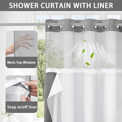 No Hook Shower Curtain with Liner Set Hotel Waffle Curtain Grey 60W X 75L