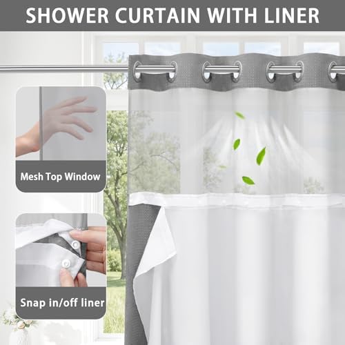 No Hook Shower Curtain with Liner Set Hotel Waffle Curtain Grey 78W X 75L