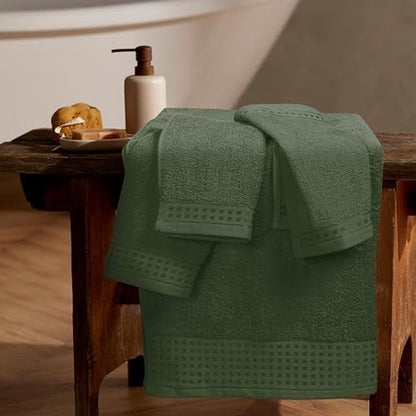 GLAMBURG Ultra Soft 3 Pack Cotton Towel Set, Contains a Bath Towel 28x55 inch, a Hand Towel 16x24 inch & a Wash Coth 12x12 inch, Ideal Everyday use, Compact & Lightweight - Olive Green