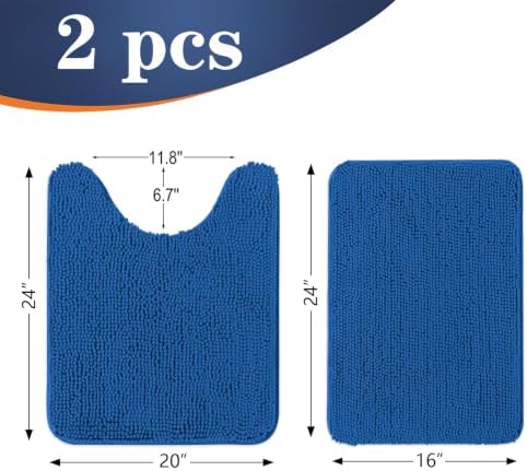 OLANLY Chenille Bathroom Rugs Sets 2 Piece, 24"x16"+24"x20", Deep Navy Blue