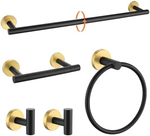 TURS Black and Gold 5 Piece Bathroom Hardware Set, SUS304 Stainless Steel Gold Black Towel Bar Set, 24 Inch Rould Bathroom Accessories Kit Wall Mounted