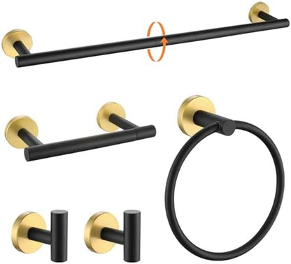 TURS Black and Gold 5 Piece Bathroom Hardware Set, SUS304 Stainless Steel Gold Black Towel Bar Set, 24 Inch Rould Bathroom Accessories Kit Wall Mounted