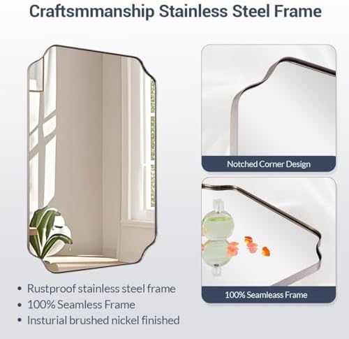 MIRRORART 20x28’’ Scalloped Bathroom Mirror, Brushed Nickel Framed Decorative Wall Mirror, Elegant Rectangle Vanity Mirror for Bathroom, Bedroom & Entryway, Modern Farmhouse Home Remodel