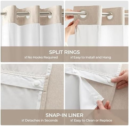 River Dream Linen Textured No Hooks Shower Curtain with Liner,Linen,71x77