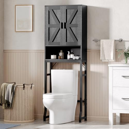 USHOWER Black Over The Toilet Storage Cabinet with Barn Doors