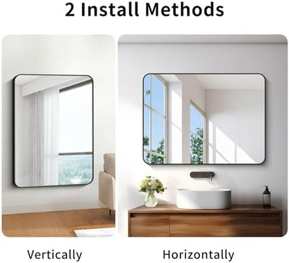 BONEWEI 30x40 inch Bathroom Mirror,Black Rectangle Mirror,Wall Mounted Bathroom Frame Vanity Mirror with Round Corner for Bedroom Living Room, Entryway Hangs Horizontal or Vertical