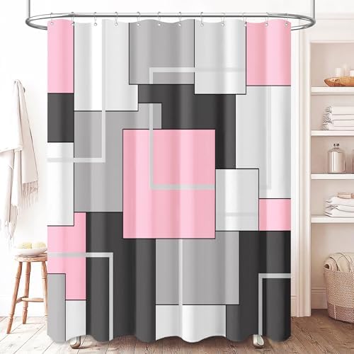 BTTN Pink Modern Geometric Waterproof Fabric Shower Curtain Set, 72 x 72