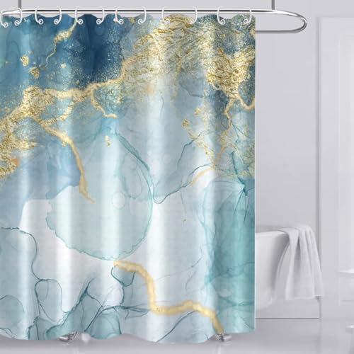 AWERT Teal Marble Shower Curtain for Bathroom Waterproof Quick-Drying Modern Abstract Shower Curtain Set with Hooks 72x78 Inch
