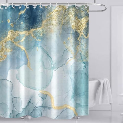 AWERT Teal Marble Shower Curtain for Bathroom Waterproof Quick-Drying Modern Abstract Shower Curtain Set with Hooks 72x78 Inch