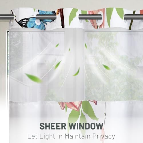 WITHLOC No Hook Floral Shower Curtain with Liner, Pink, 71x74