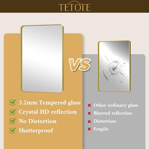 TETOTE Gold Mirror Bathroom 28 x 36 Brushed Gold Metal Framed Vanity Mirror, Tempered Glass, Modern Farmhouse Wall Mounted Mirrors for Decorative(Horizontal/Vertical)