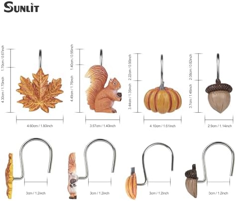 Sunlit Fall Autumn Decorative Shower Curtain Hooks, Pumpkin Maple Leaf Squirrel Acorn Shower Curtain Rings, Resin, Orange Leaves Cute Bathroom Curtain Hangers Decoration, Set of 12