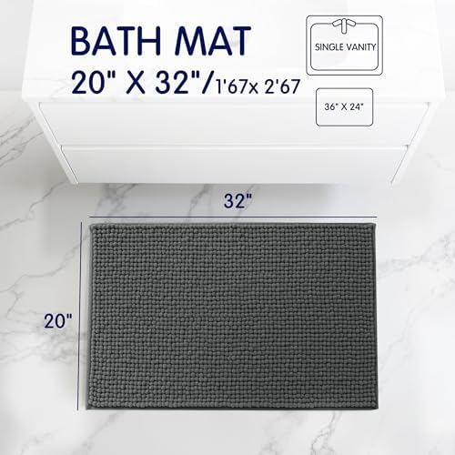 SUBRTEX Bathroom Rugs, 20" x 32" Chenille Bath Rug Soft Short Plush Bath Mat Soft Shower Mat Water Absorbent Shower Mat Quick Dry Machine Washable, Gray