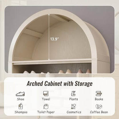 IFBUY 71" Tall Arched Bathroom Storage Cabinet, 7-Tier Modern Farmhouse Storage Cabinet with Adjustable Shelves, Wood Freestanding Cabinet for Bathroom, Living Room, Entryway, Hallway (Cream)