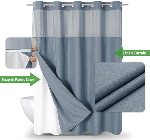 eachope No Hook Fabric Shower Curtain with Snap-in Liner,71x74 Blue Grey