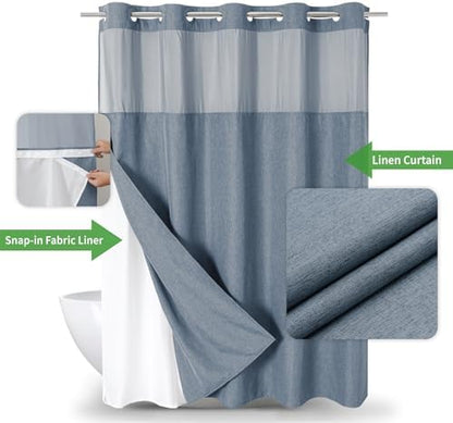 eachope No Hook Fabric Shower Curtain with Snap-in Liner,71x74 Blue Grey