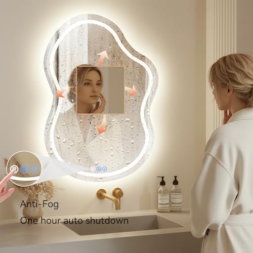 Irregular Wall Mirror 24 x 36 Inch, Lighted Mirrors for Bathroom Wall, Asymmetrical LED Mirror for Bathroom with Anit-Fog, Dimmable, Memory Function (Horizontal/Vertical)