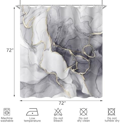 Grey Marble Shower Curtain Modern Abstract Luxury Gold Ink Texture Gray Ombre Watercolor Bathroom Curtain Set with Hooks Soft and Lightweight Waterproof Fabric Machine Washable 72" Wx84 L