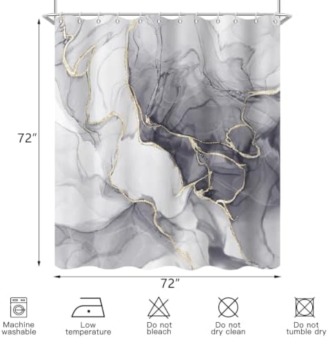 Grey Marble Shower Curtain Modern Abstract Luxury Gold Ink Texture Gray Ombre Watercolor Bathroom Curtain Set with Hooks Soft and Lightweight Waterproof Fabric Machine Washable 72" Wx72 L