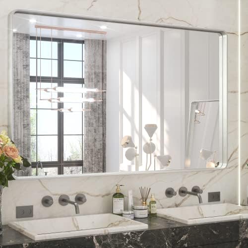 TETOTE 48 x 30 Inch Bathroom Vanity Mirror, Silver Framed Brushed Nickel Modern Farmhouse Decorative Rectangle Entryway Wall Mirror (Horizontal/Vertical)