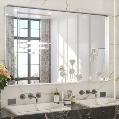 TETOTE 48 x 30 Inch Bathroom Vanity Mirror, Silver Framed Brushed Nickel Modern Farmhouse Decorative Rectangle Entryway Wall Mirror (Horizontal/Vertical)
