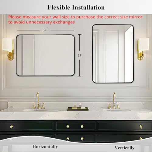 Black Bathroom Vanity Mirror Over Sink 24x32, Large Wall Rectangle Mirror