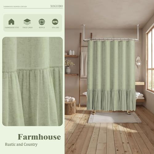 Farmhouse Shower Curtain Ruffle Linen Flax Green 72" W x 78" L