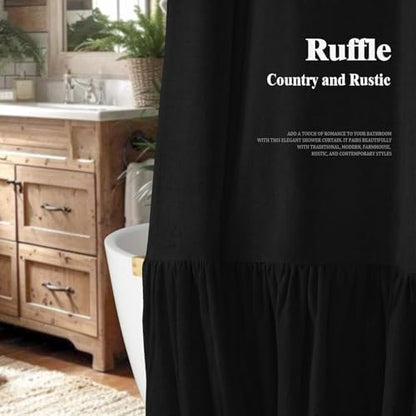 Farmhouse Shower Curtain Ruffle Linen Flax Black 72" W x 96" L